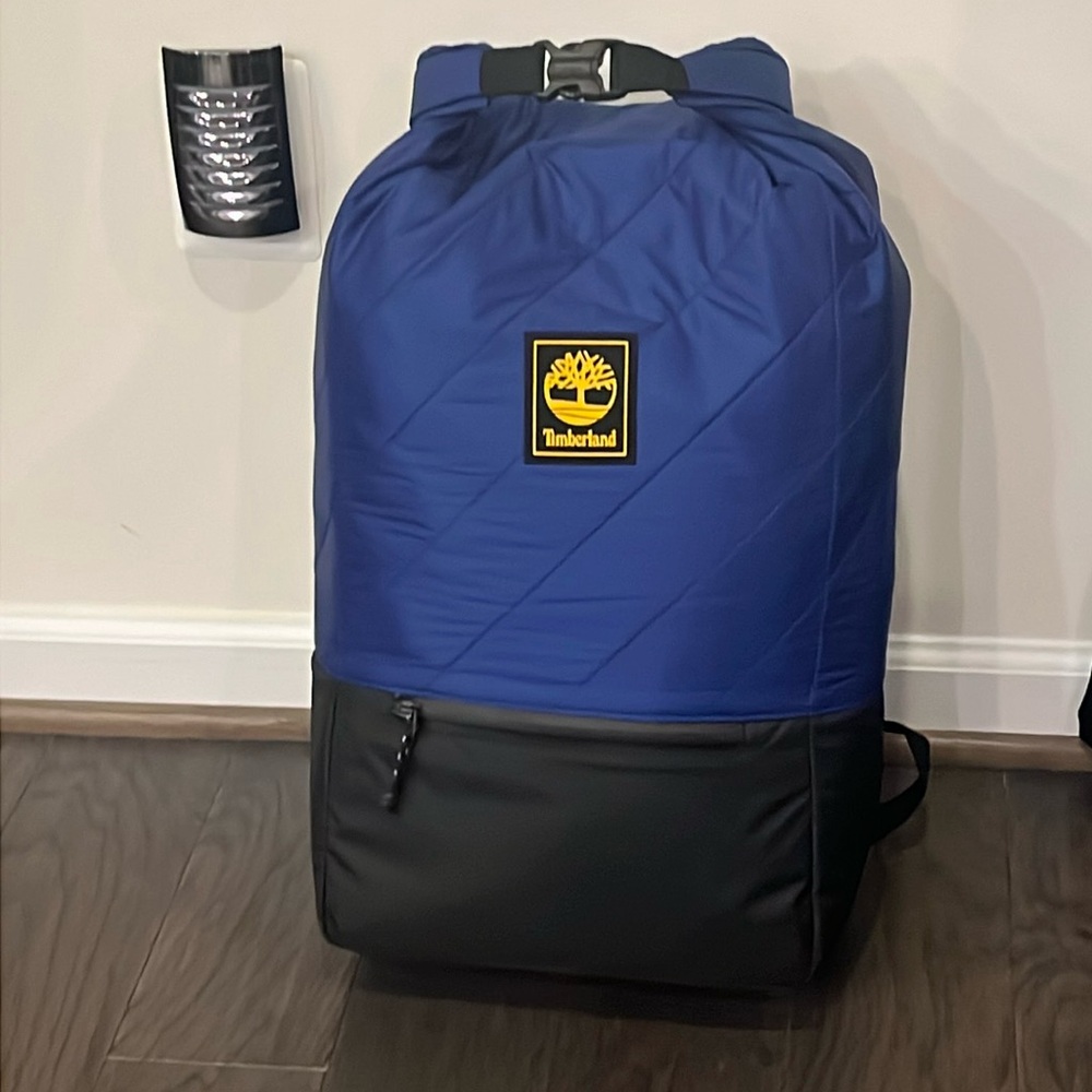 Timberland Roll Top Backpack school book bag new black blue puffer 30L